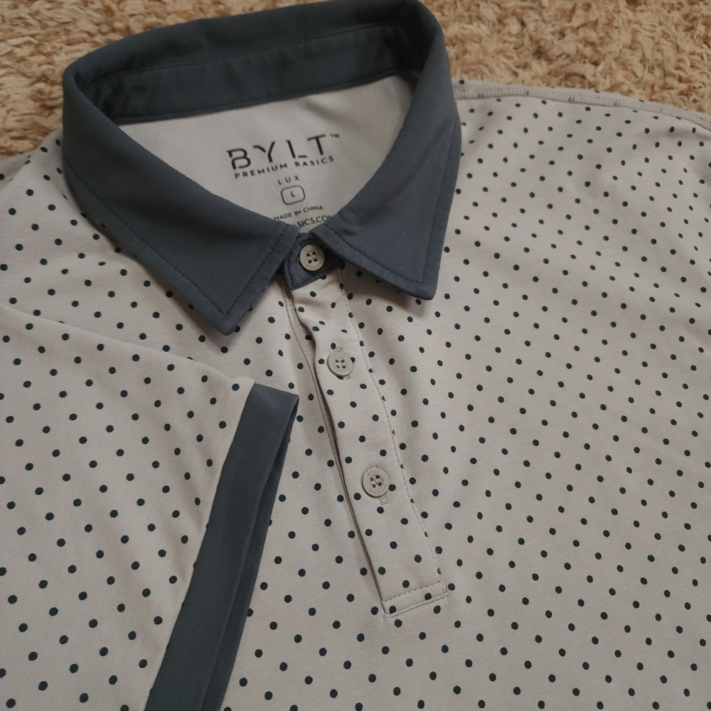 BYLT Lux Polo Shirt Mens Large Grey Polka Dot Short Sleeve Performance Golf Top